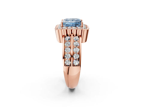 Rose gold Fancy Blue Princess Cut Halo Diamond Split Shank Ring with Scalloped Prong Setting_2