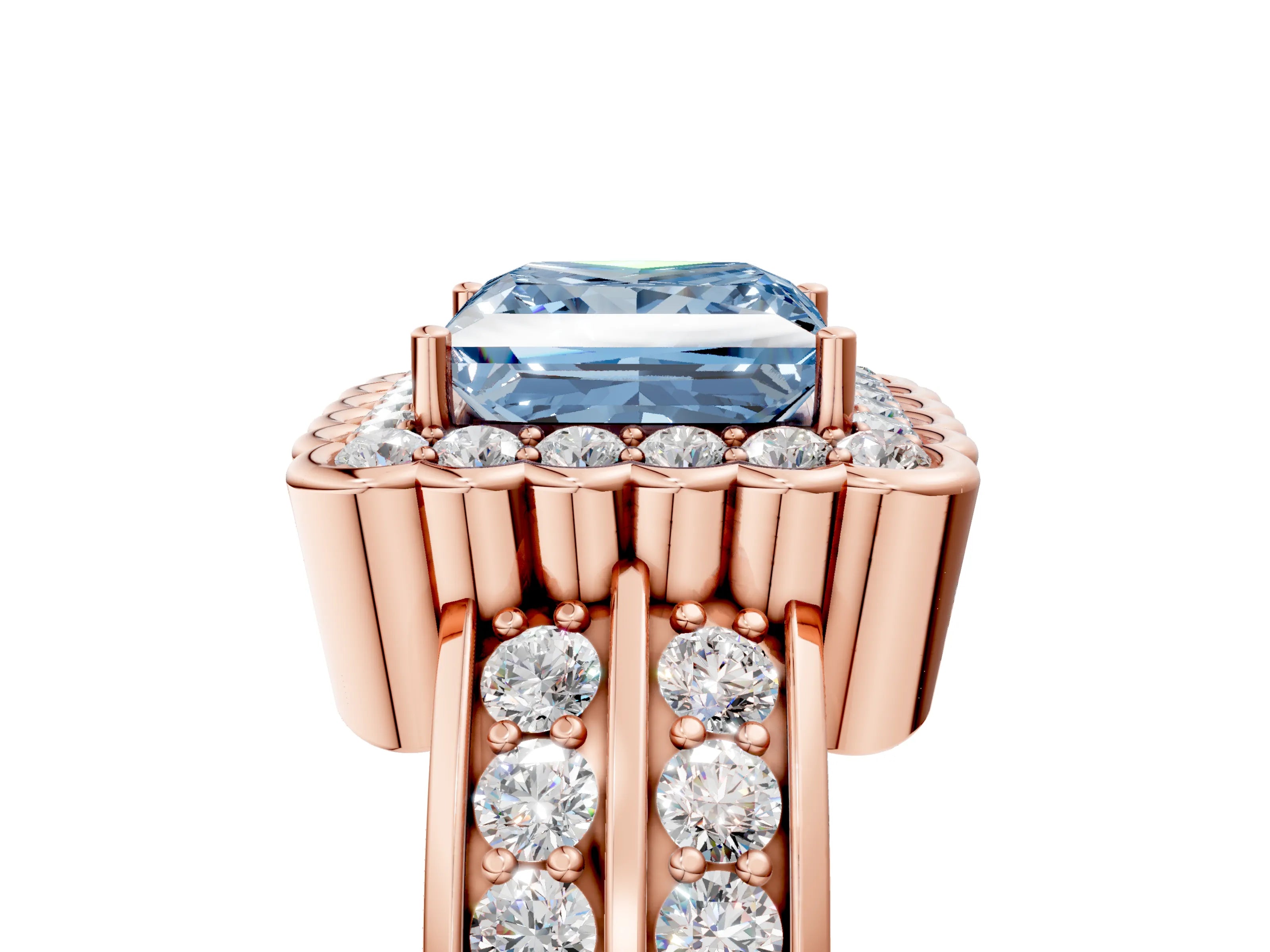 Rose gold Fancy Blue Princess Cut Halo Diamond Split Shank Ring with Scalloped Prong Setting_5