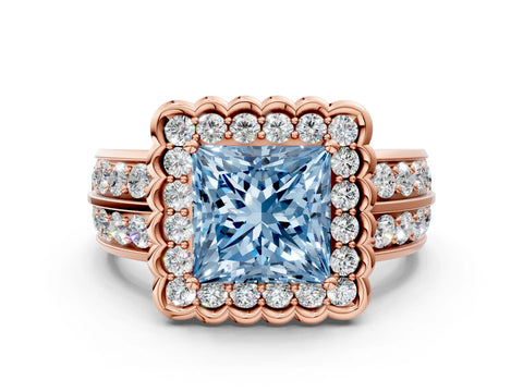 Rose gold Fancy Blue Princess Cut Halo Diamond Split Shank Ring with Scalloped Prong Setting