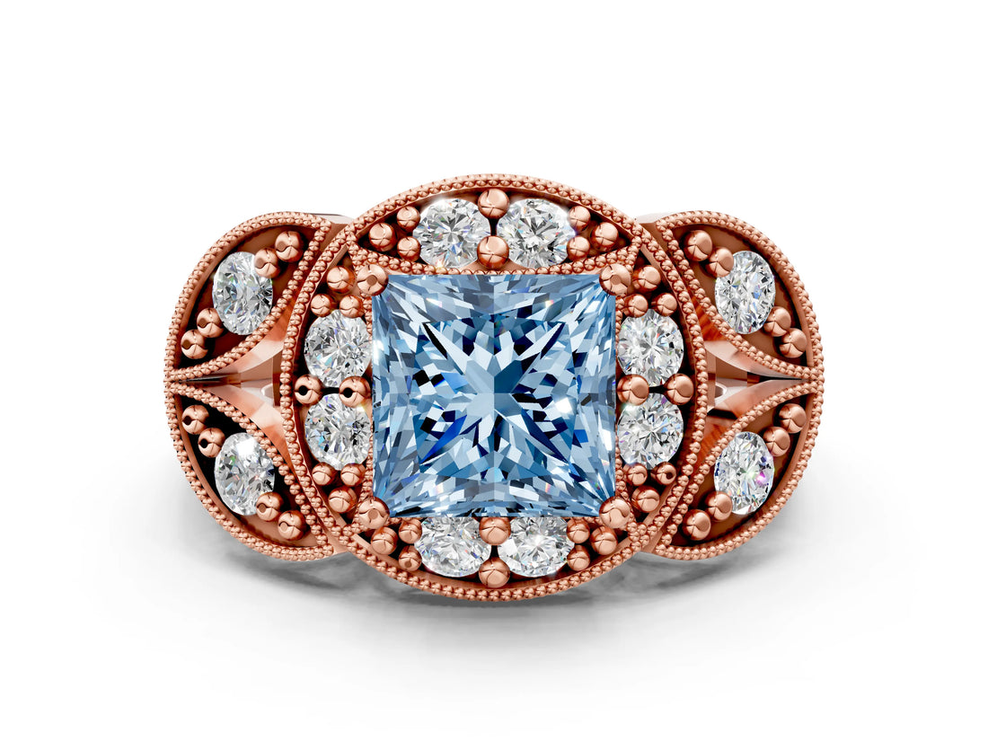 Rose gold Fancy Blue Princess Cut Halo Milgrain Diamond Engagement Ring with Leaf Band and Four-Prong Setting