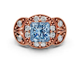 Rose gold Fancy Blue Princess Cut Halo Milgrain Diamond Engagement Ring with Leaf Band and Four-Prong Setting