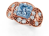 Rose gold Fancy Blue Princess Cut Halo Milgrain Diamond Engagement Ring with Leaf Band and Four-Prong Setting_1