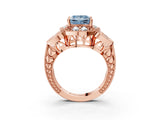 Rose gold Fancy Blue Princess Cut Halo Milgrain Diamond Engagement Ring with Leaf Band and Four-Prong Setting_3