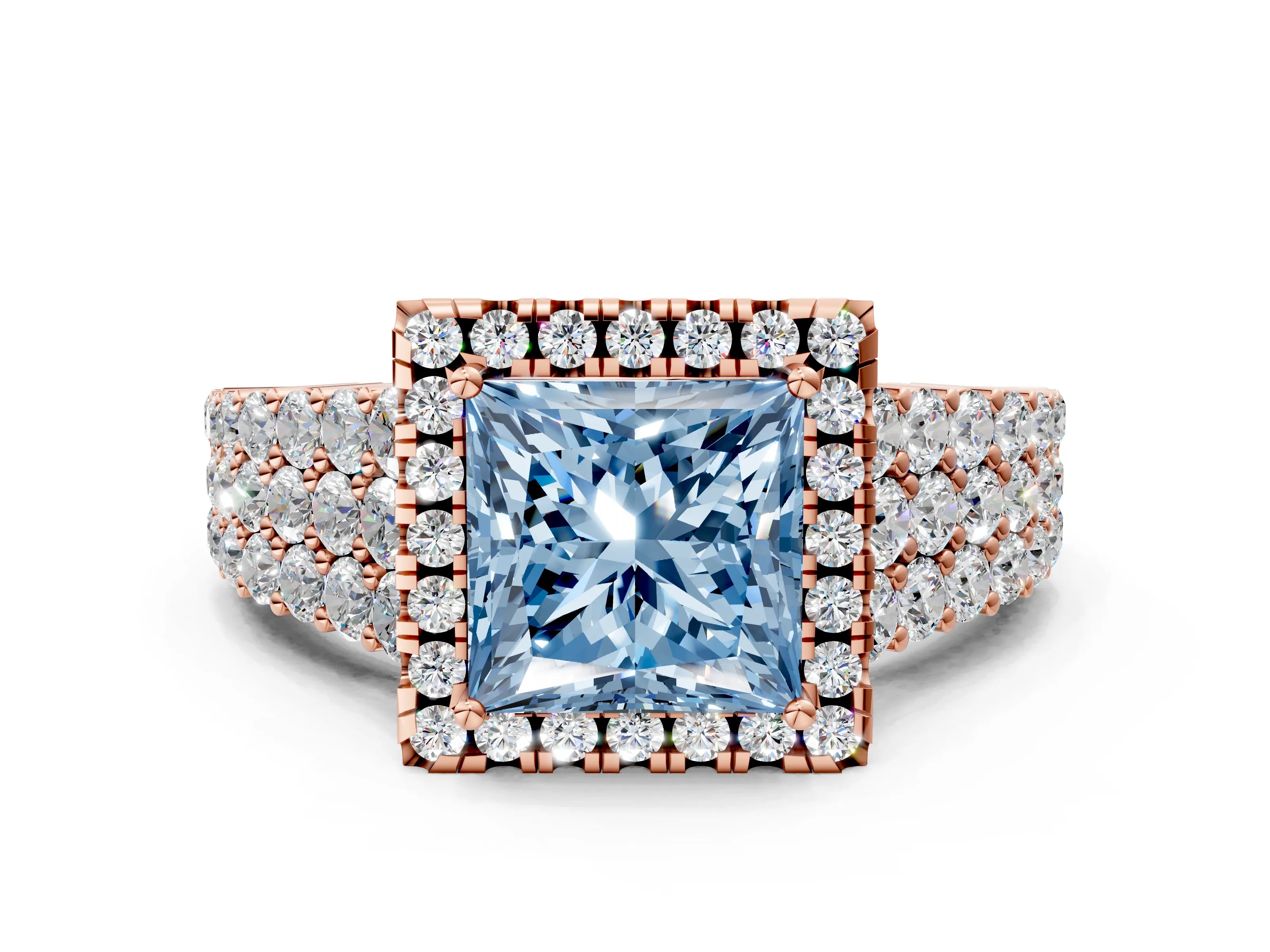 Rose gold Fancy Blue Princess Cut Halo Pavé Diamond Engagement Ring with Split Shank and Four-Prong Setting_3