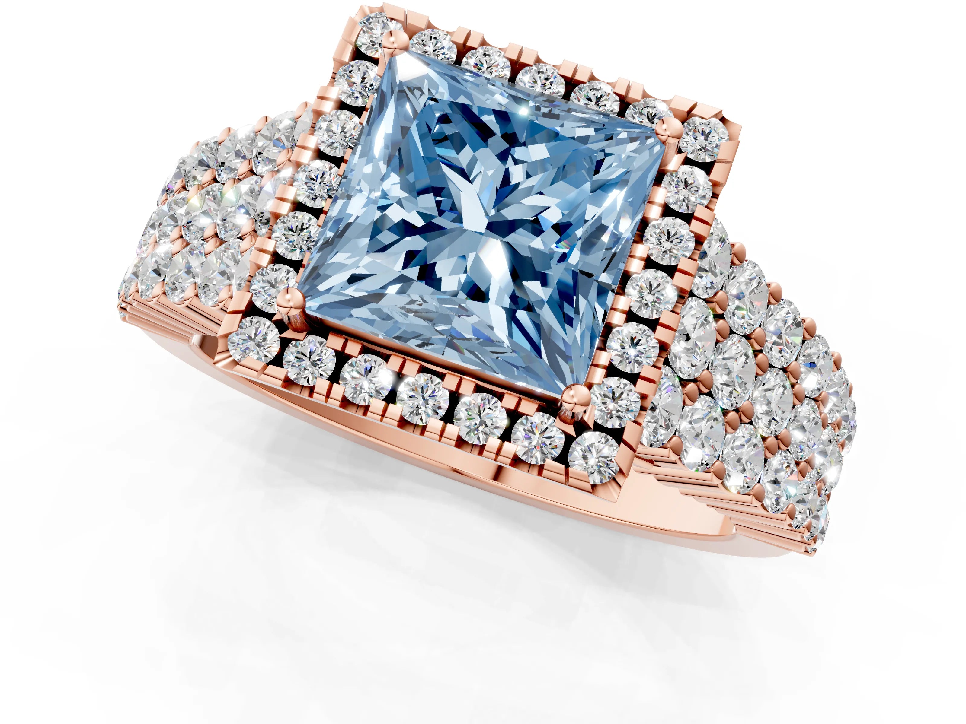 Rose gold Fancy Blue Princess Cut Halo Pavé Diamond Engagement Ring with Split Shank and Four-Prong Setting_4