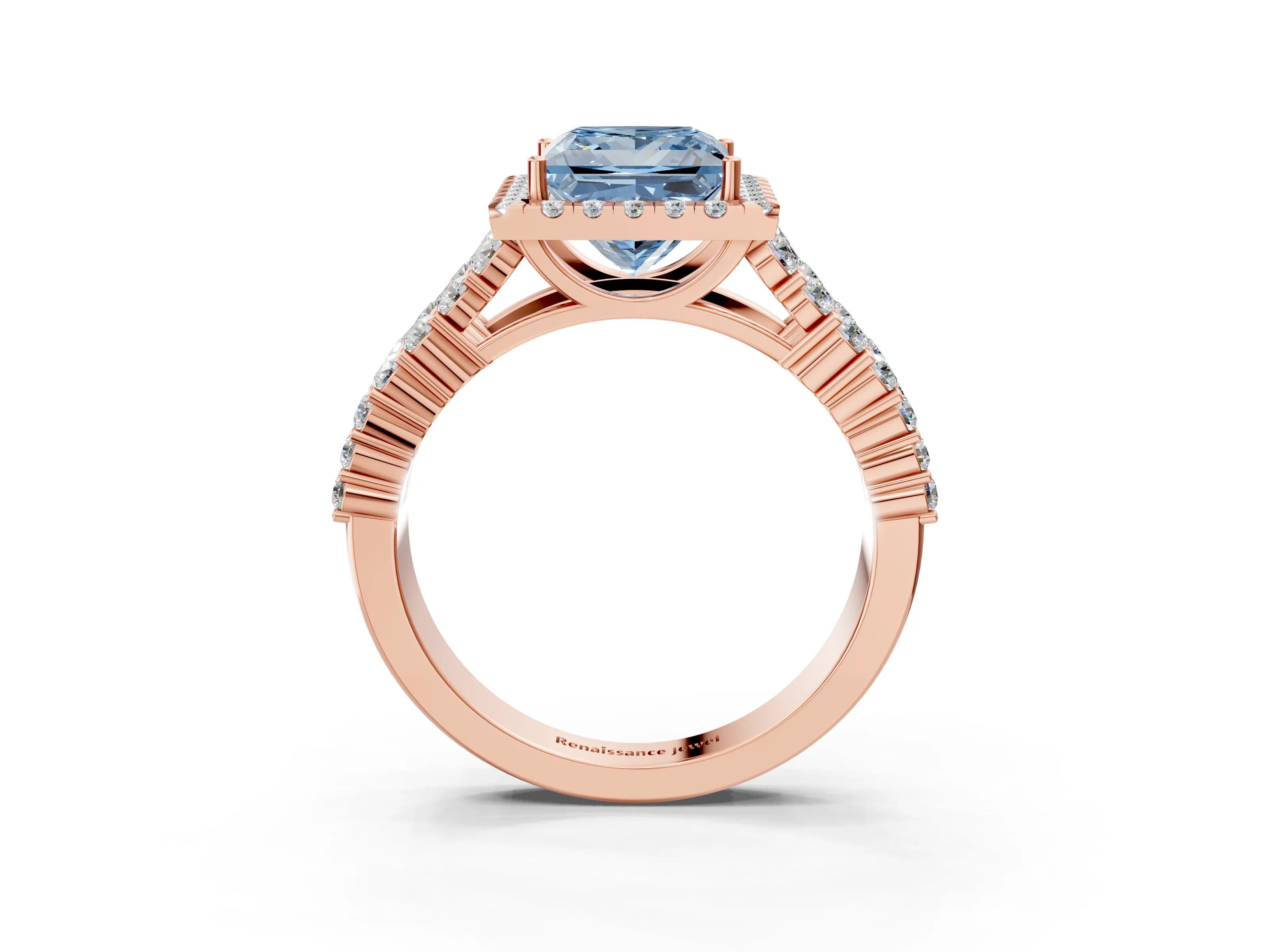 Rose gold Fancy Blue Princess Cut Halo Pavé Diamond Engagement Ring with Split Shank and Four-Prong Setting_6