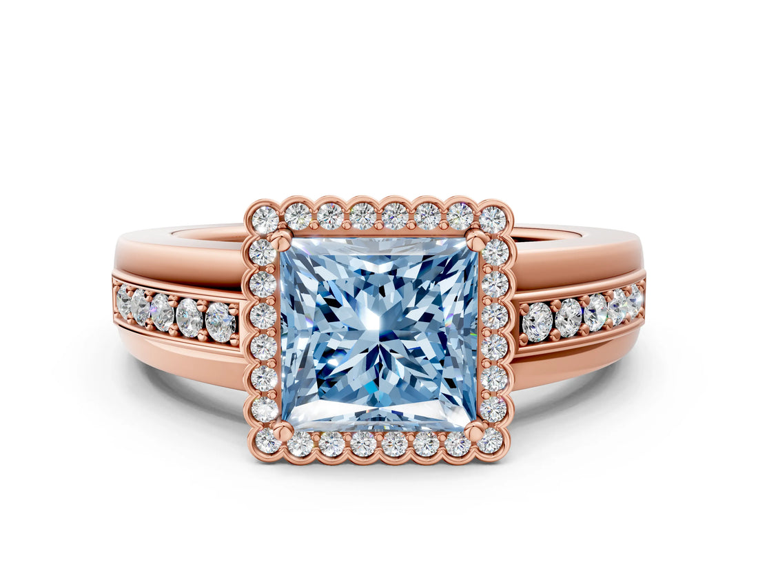 Rose gold Fancy Blue Princess  Cut Halo Pave Band Four-Prong Ring_49