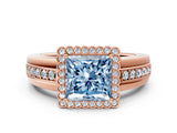 Rose gold Fancy Blue Princess  Cut Halo Pave Band Four-Prong Ring_49