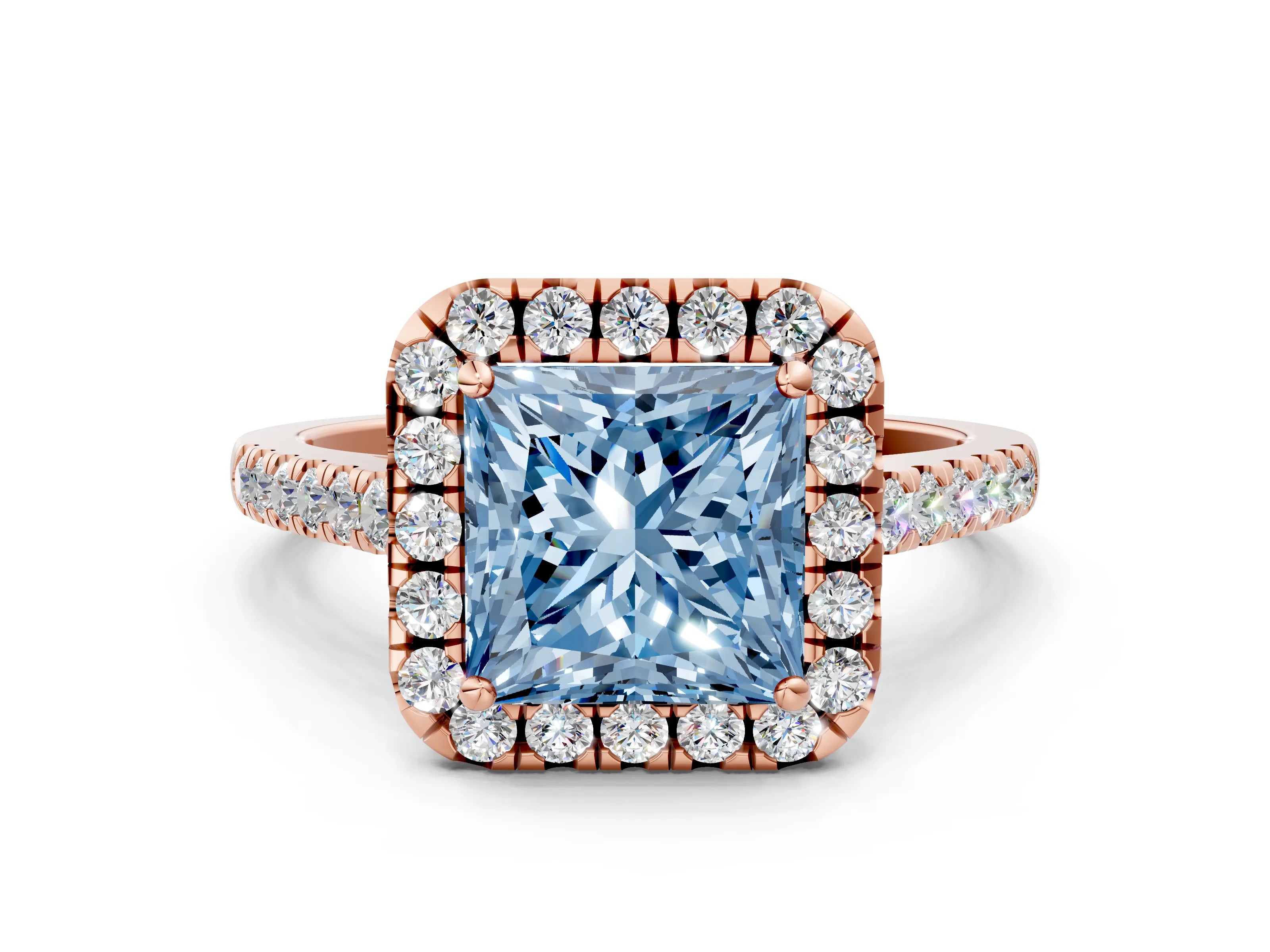 Rose gold Fancy Blue Princess Cut Halo Pave Diamond Engagement Ring with Four-Prong Setting