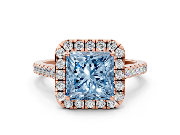 Rose gold Fancy Blue Princess Cut Halo Pave Diamond Engagement Ring with Four-Prong Setting