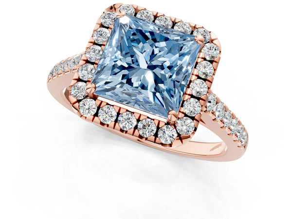 Rose gold Fancy Blue Princess Cut Halo Pave Diamond Engagement Ring with Four-Prong Setting