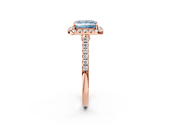 Rose gold Fancy Blue Princess Cut Halo Pave Diamond Engagement Ring with Four-Prong Setting