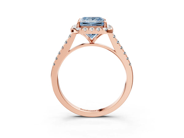 Rose gold Fancy Blue Princess Cut Halo Pave Diamond Engagement Ring with Four-Prong Setting