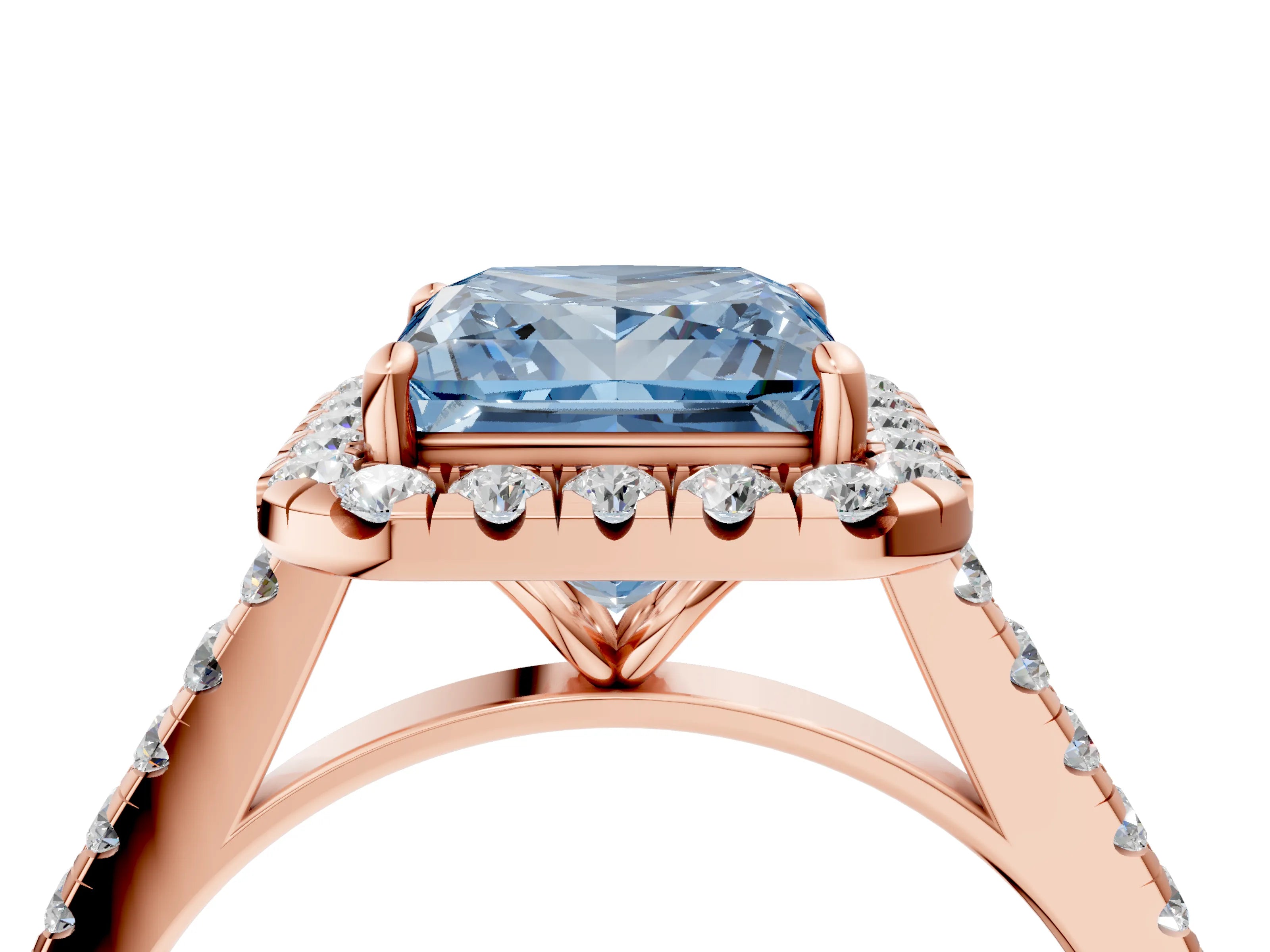 Rose gold Fancy Blue Princess Cut Halo Pave Diamond Engagement Ring with Four-Prong Setting_4