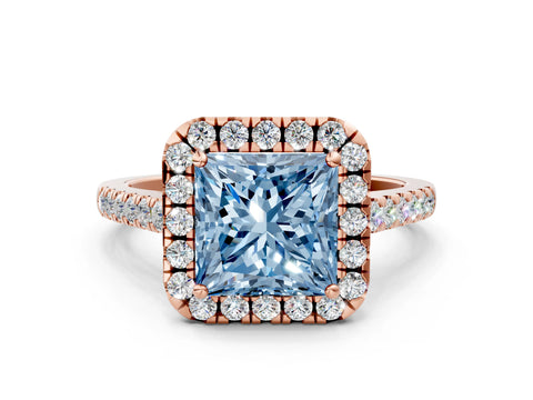 Rose gold Fancy Blue Princess Cut Halo Pave Diamond Engagement Ring with Four-Prong Setting