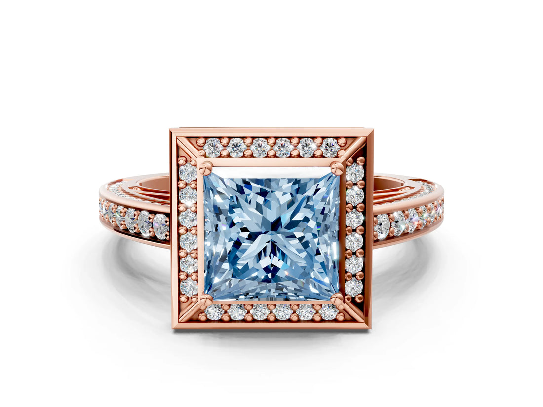 Rose gold Fancy Blue Princess  Cut Halo Pave Split Shank Prong Setting Ring_32