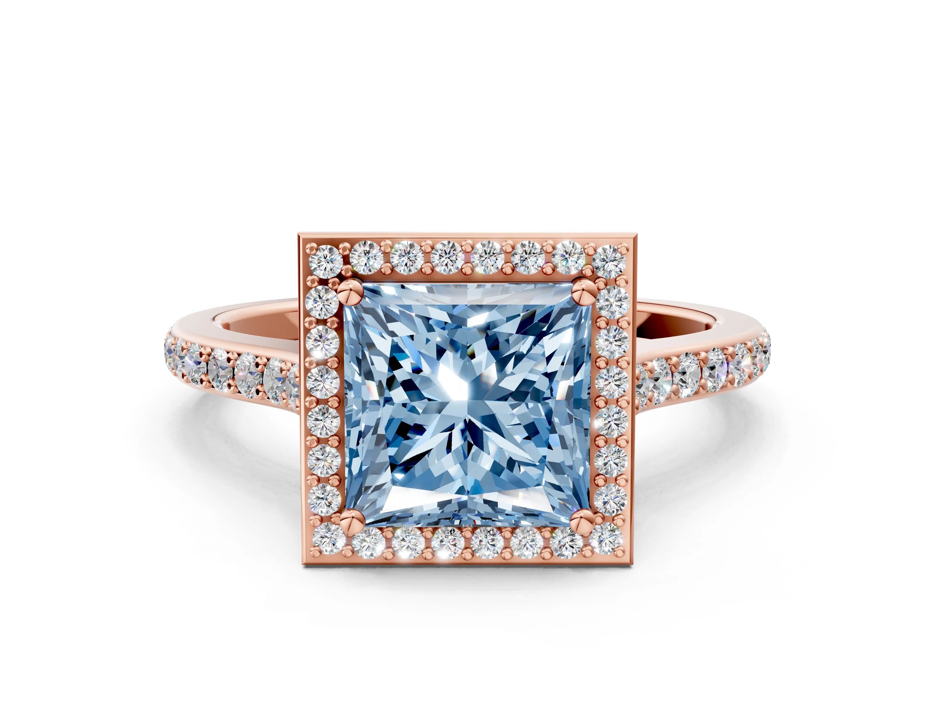 Rose gold Fancy Blue Princess Cut Halo Round Diamond Pavé Band with Four-Prong Setting_15