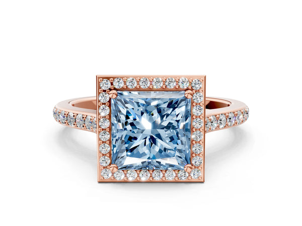 Rose gold Fancy Blue Princess Cut Halo Round Diamond Pavé Band with Four-Prong Setting