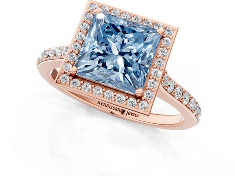 Rose gold Fancy Blue Princess Cut Halo Round Diamond Pavé Band with Four-Prong Setting_16