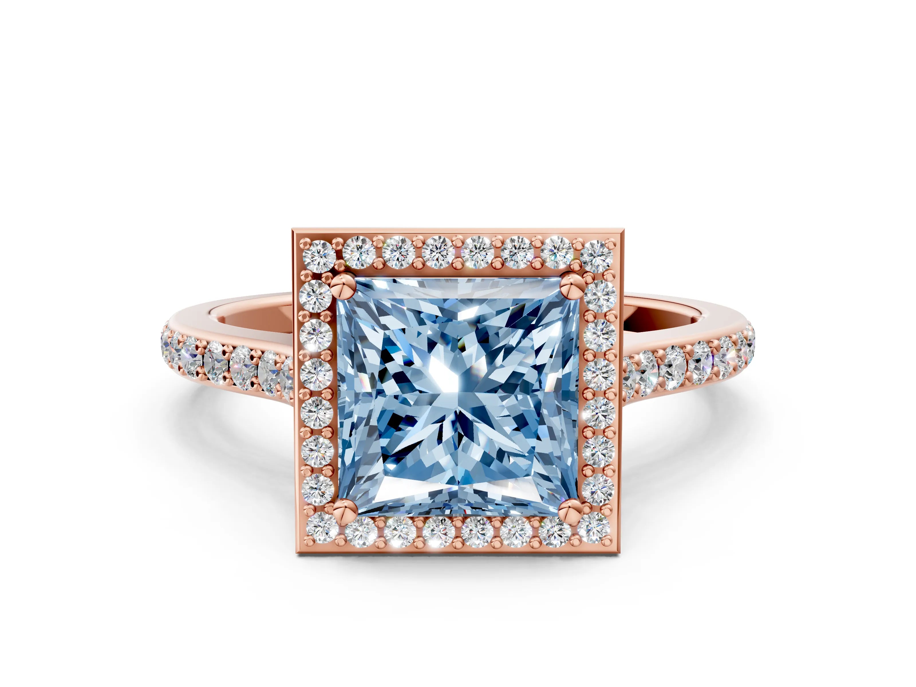 Rose gold Fancy Blue Princess Cut Halo Round Diamond Pavé Band with Four-Prong Setting_3