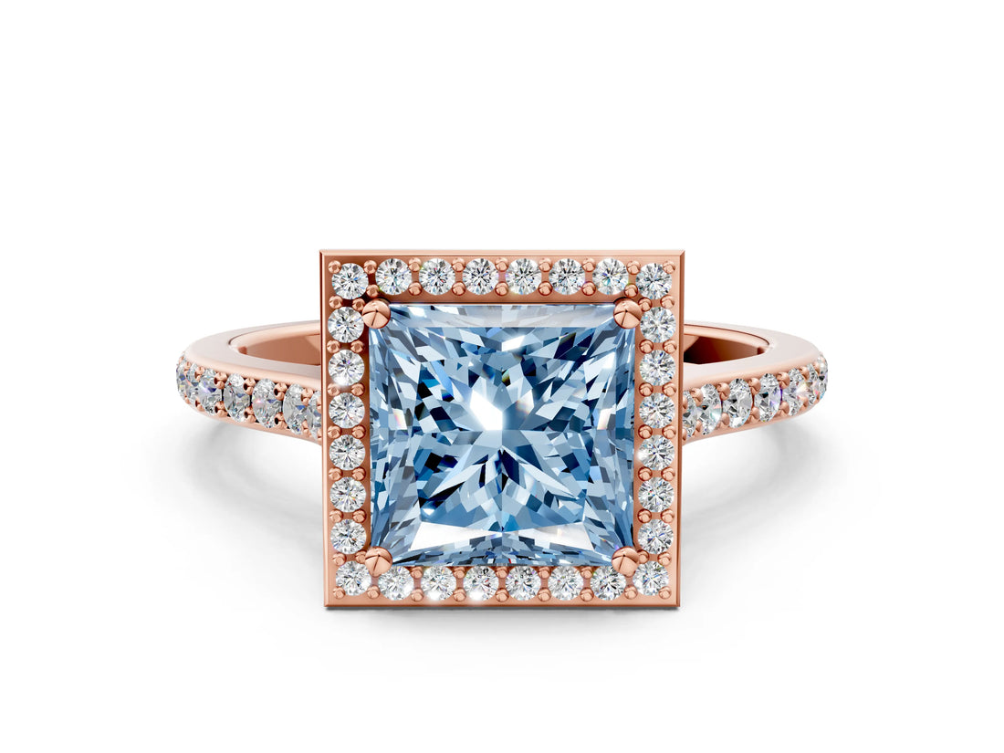 Rose gold Fancy Blue Princess Cut Halo Round Diamond Pavé Band with Four-Prong Setting_3