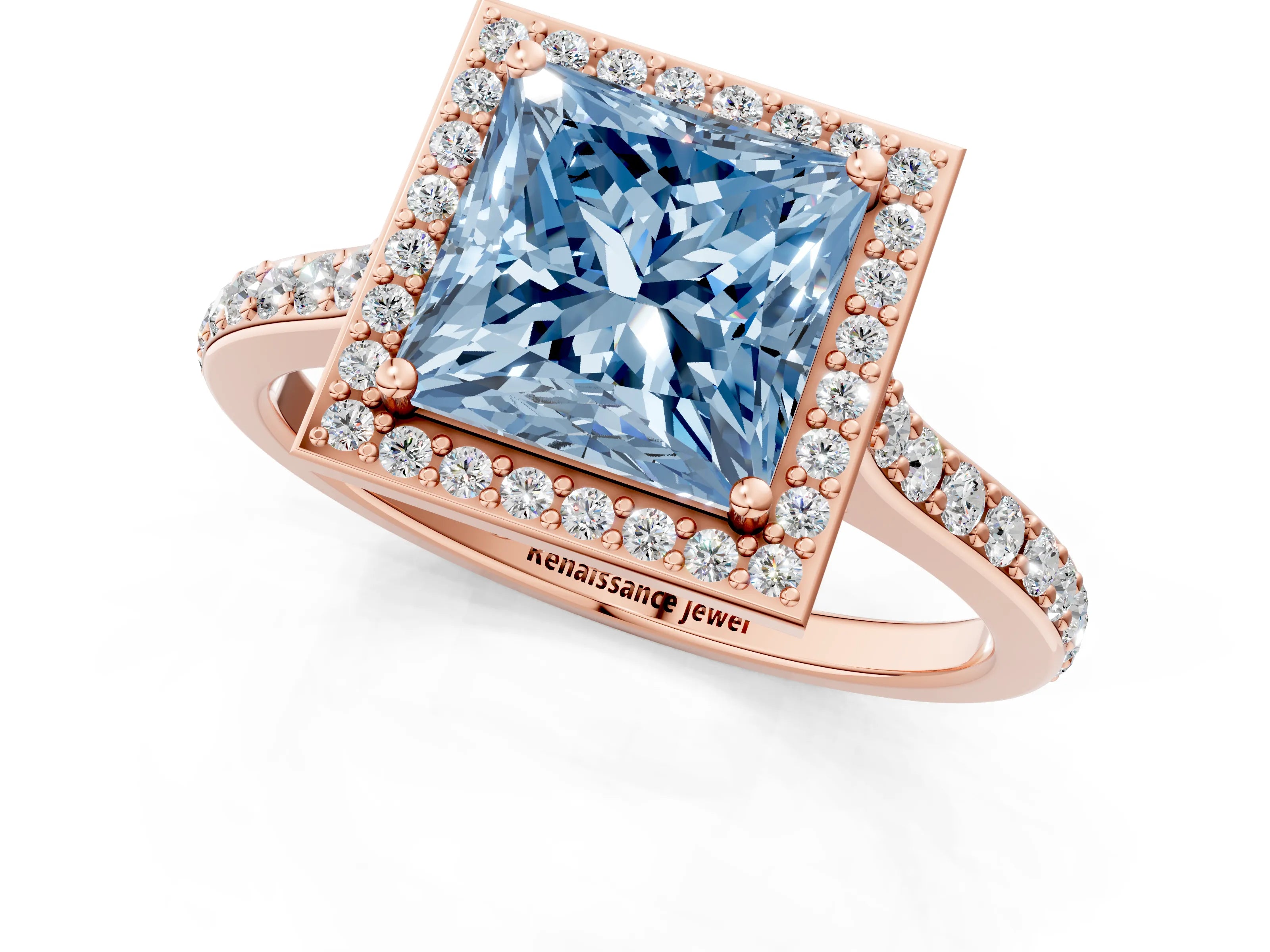 Rose gold Fancy Blue Princess Cut Halo Round Diamond Pavé Band with Four-Prong Setting_4