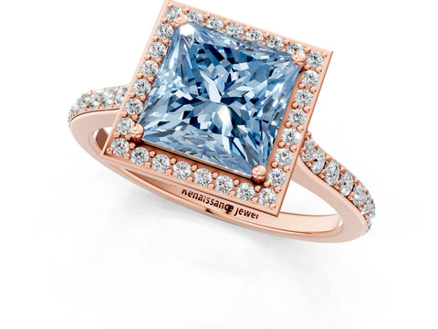 Rose gold Fancy Blue Princess Cut Halo Round Diamond Pavé Band with Four-Prong Setting_4