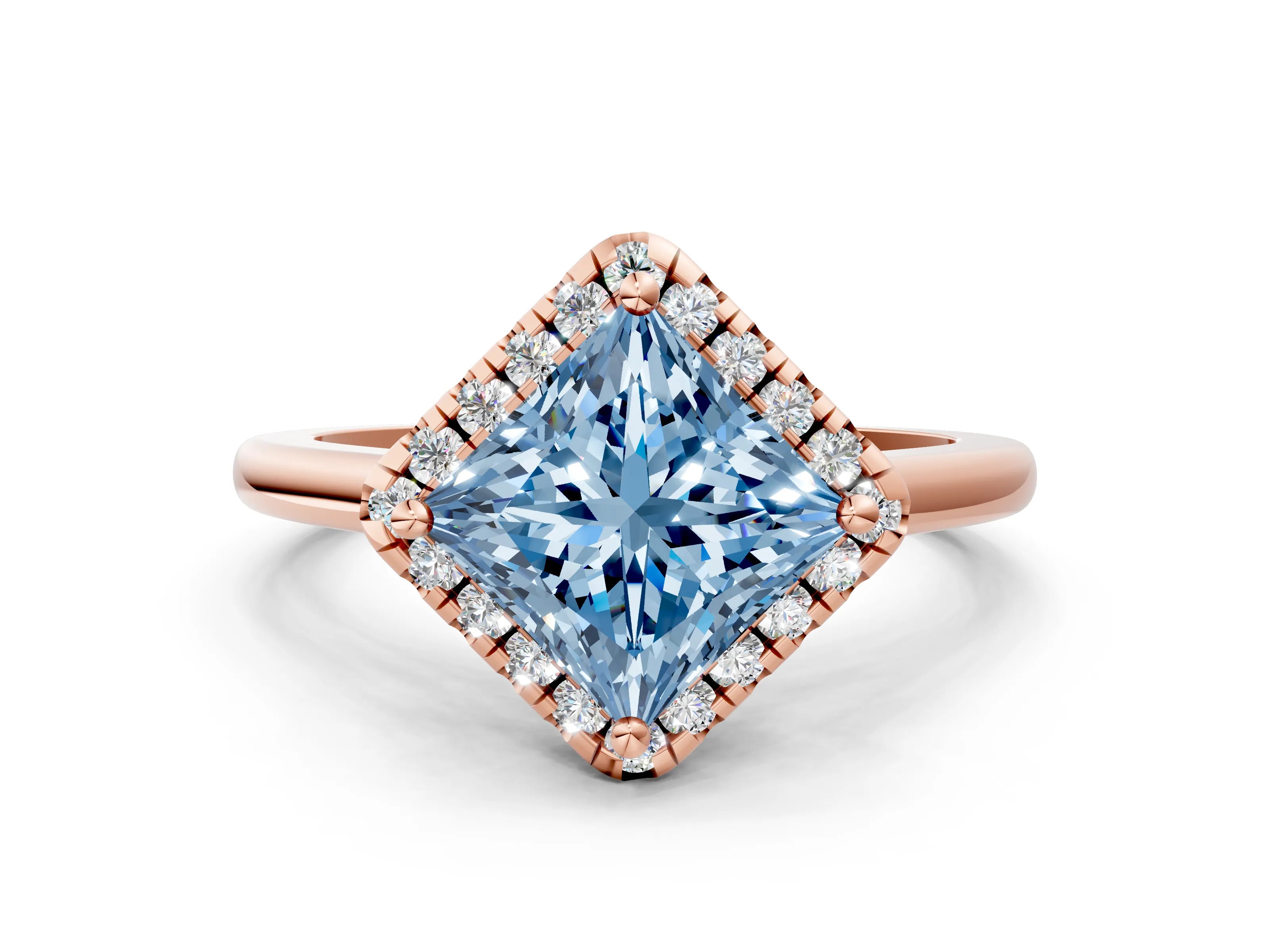 Rose gold Fancy Blue Princess Cut Halo Round Diamond Solitaire Engagement Ring with Pave Band and Four-Prong Setting_12