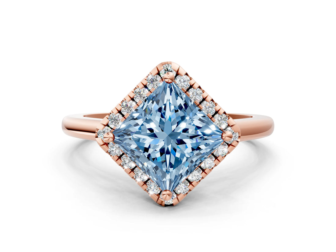 Rose gold Fancy Blue Princess Cut Halo Round Diamond Solitaire Engagement Ring with Pave Band and Four-Prong Setting_12