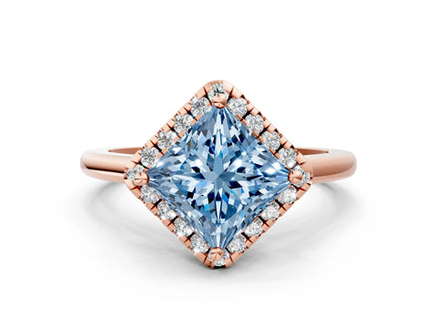 Rose gold Fancy Blue Princess Cut Halo Round Diamond Solitaire Engagement Ring with Pave Band and Four-Prong Setting_12