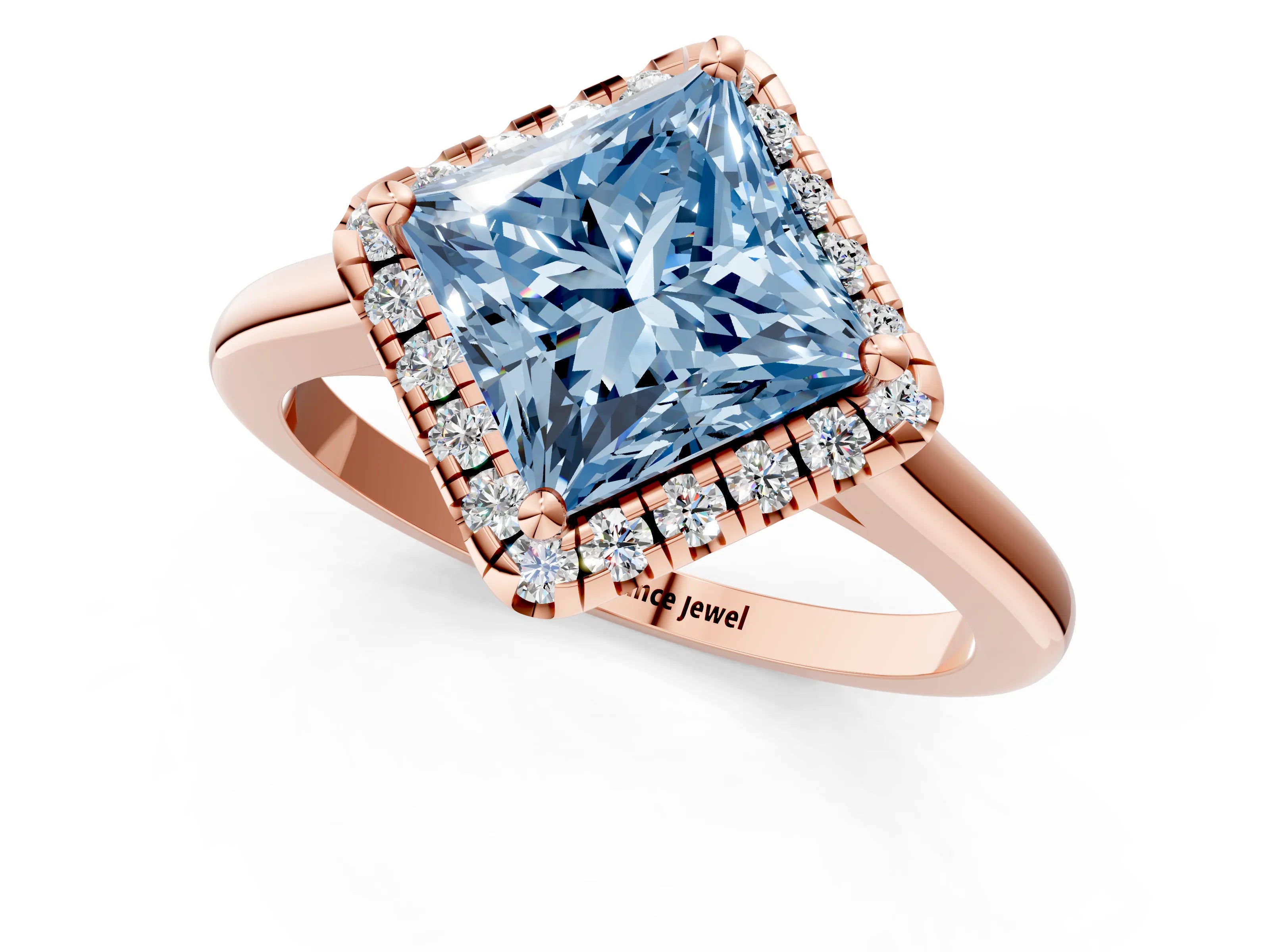 Rose gold Fancy Blue Princess Cut Halo Round Diamond Solitaire Engagement Ring with Pave Band and Four-Prong Setting_13