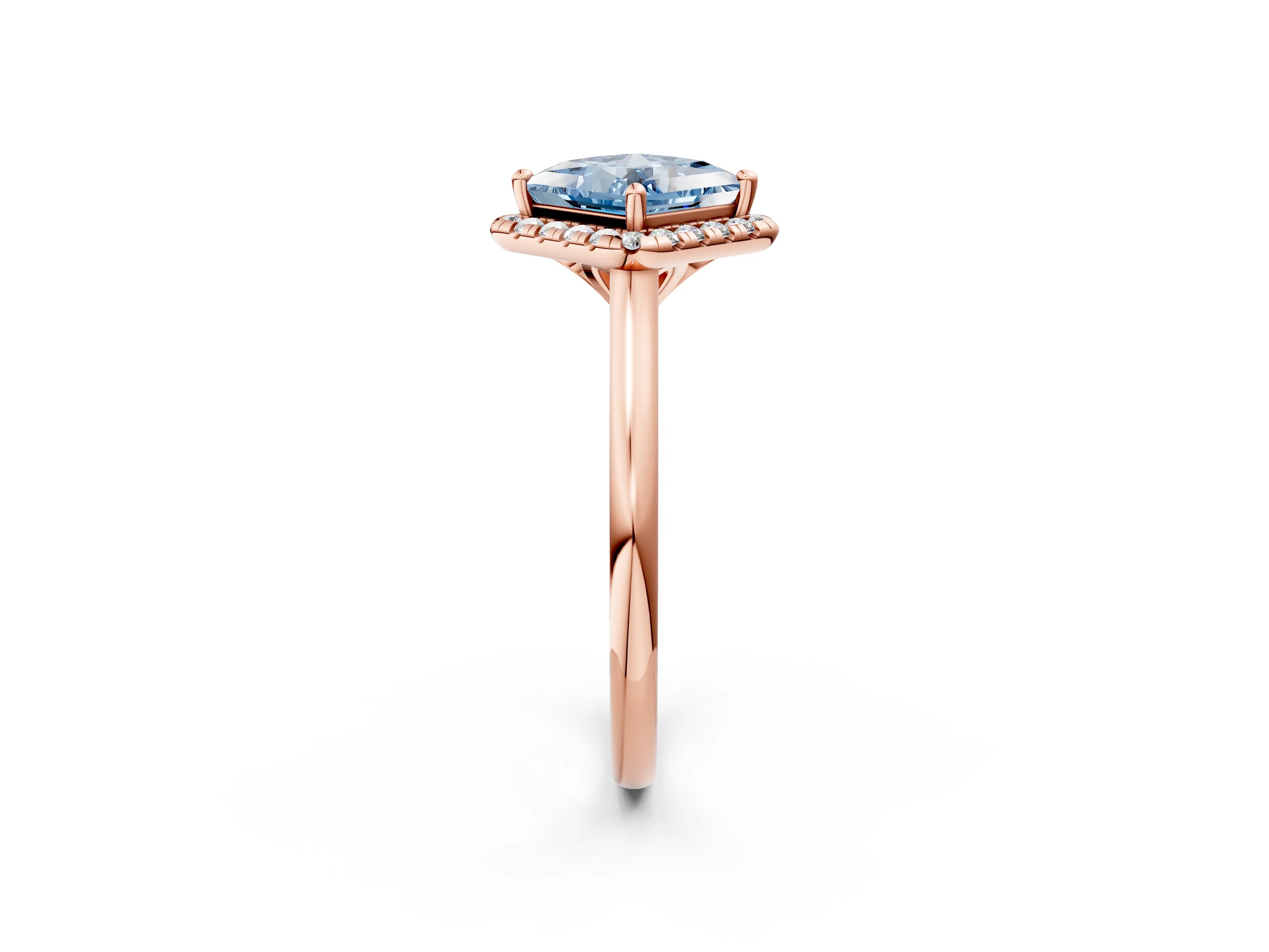 Rose gold Fancy Blue Princess Cut Halo Round Diamond Solitaire Engagement Ring with Pave Band and Four-Prong Setting_14