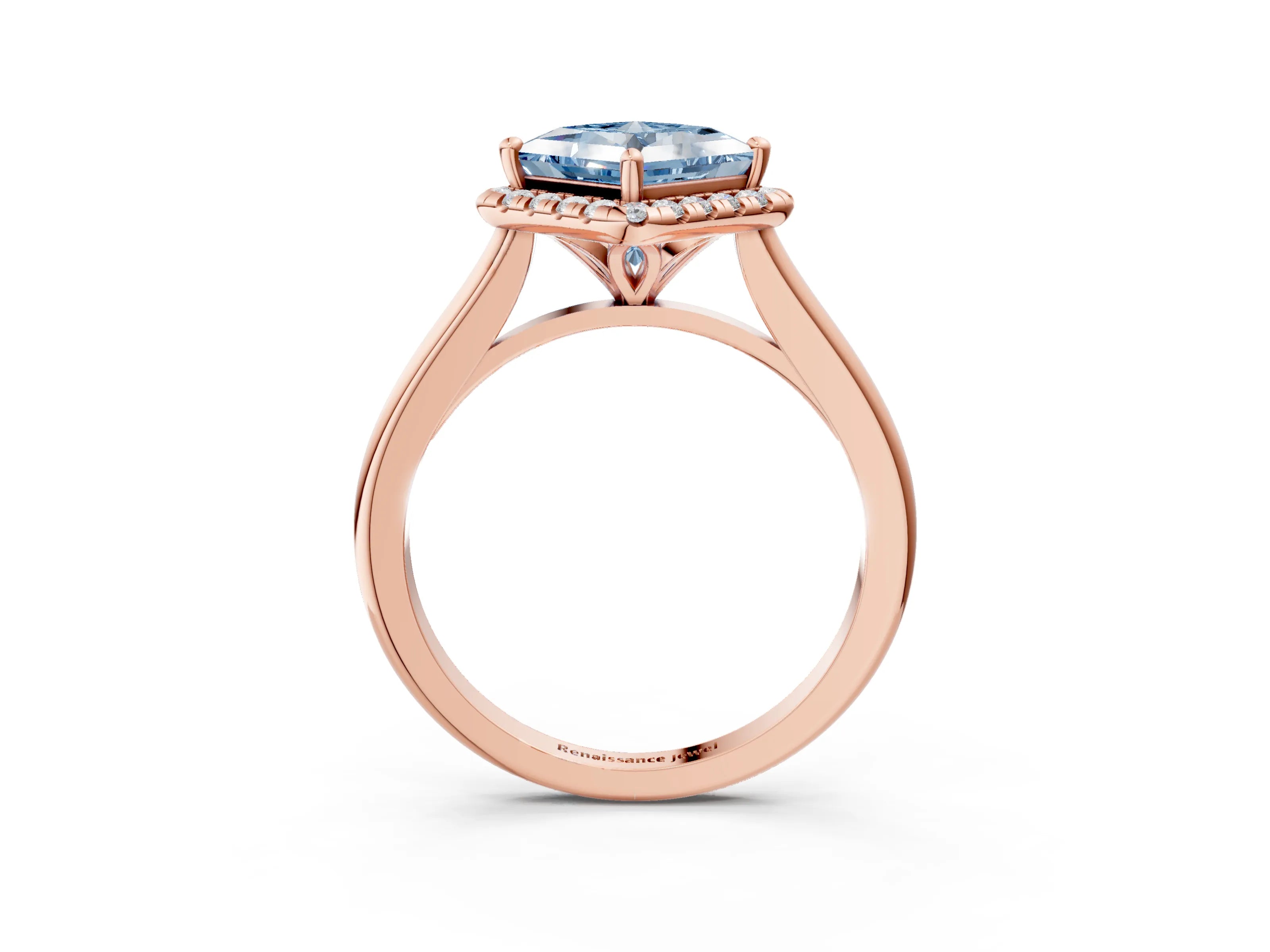 Rose gold Fancy Blue Princess Cut Halo Round Diamond Solitaire Engagement Ring with Pave Band and Four-Prong Setting_15