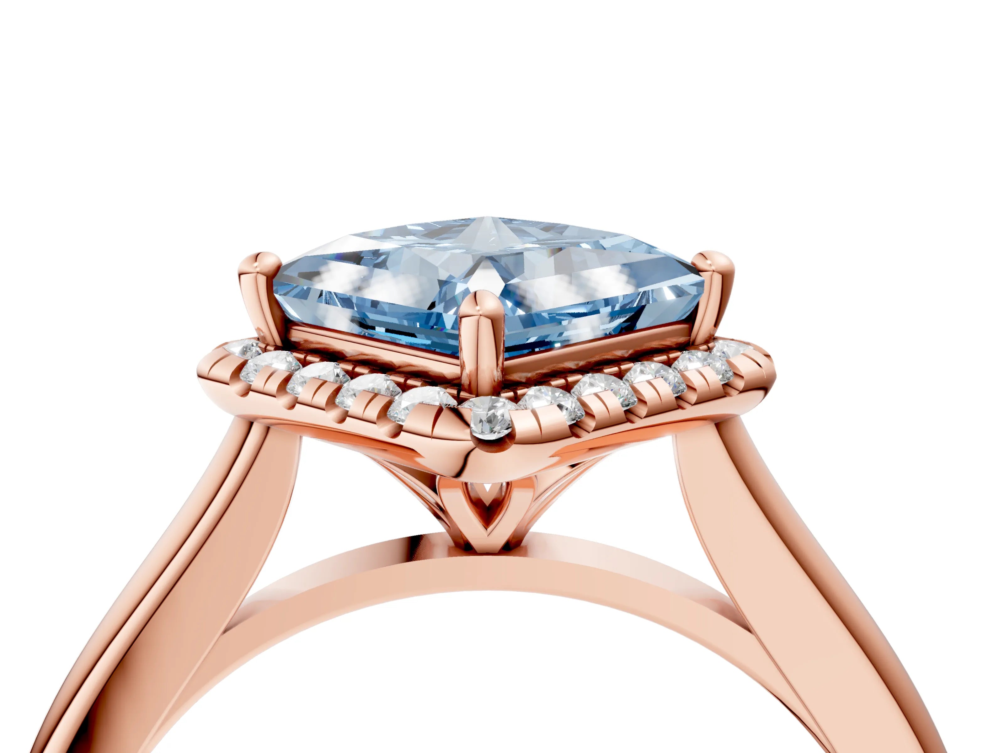 Rose gold Fancy Blue Princess Cut Halo Round Diamond Solitaire Engagement Ring with Pave Band and Four-Prong Setting_16