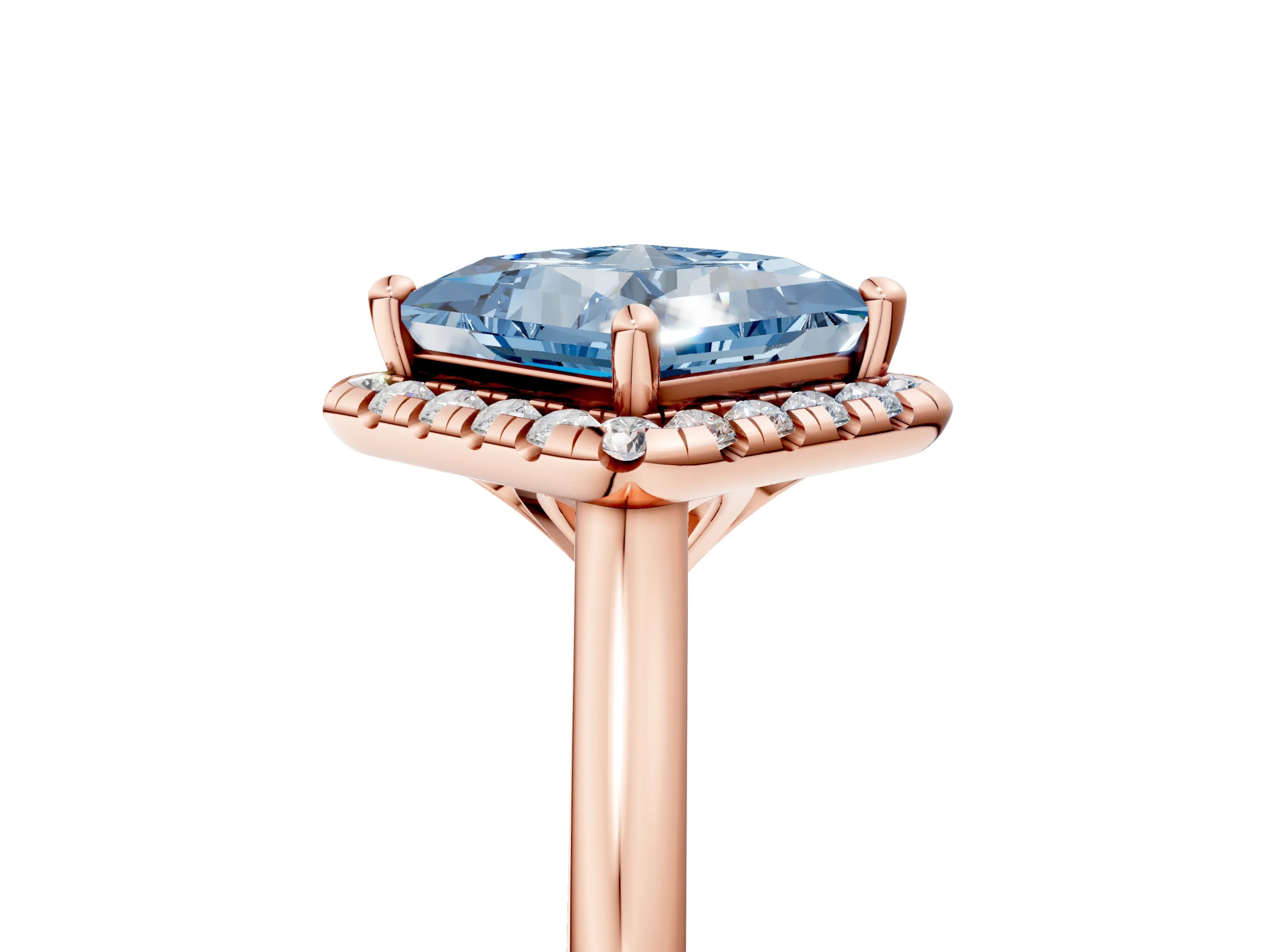 Rose gold Fancy Blue Princess Cut Halo Round Diamond Solitaire Engagement Ring with Pave Band and Four-Prong Setting_17