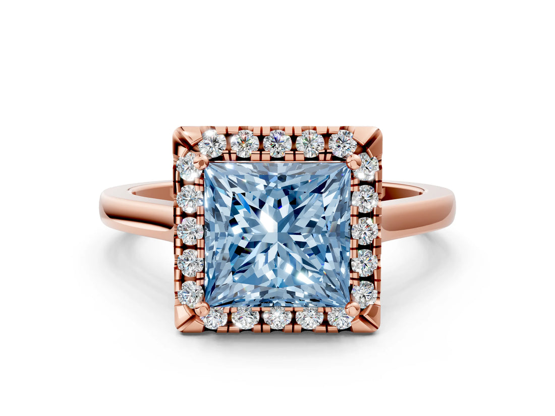 Rose gold Fancy Blue Princess Cut Halo Round Diamond Solitaire Ring with Pavé Band and Four-Prong Setting_12