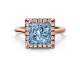 Rose gold Fancy Blue Princess Cut Halo Round Diamond Solitaire Ring with Pavé Band and Four-Prong Setting_12