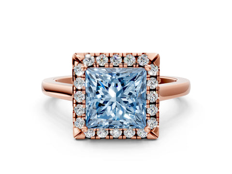Rose gold Fancy Blue Princess Cut Halo Round Diamond Solitaire Ring with Pavé Band and Four-Prong Setting_12