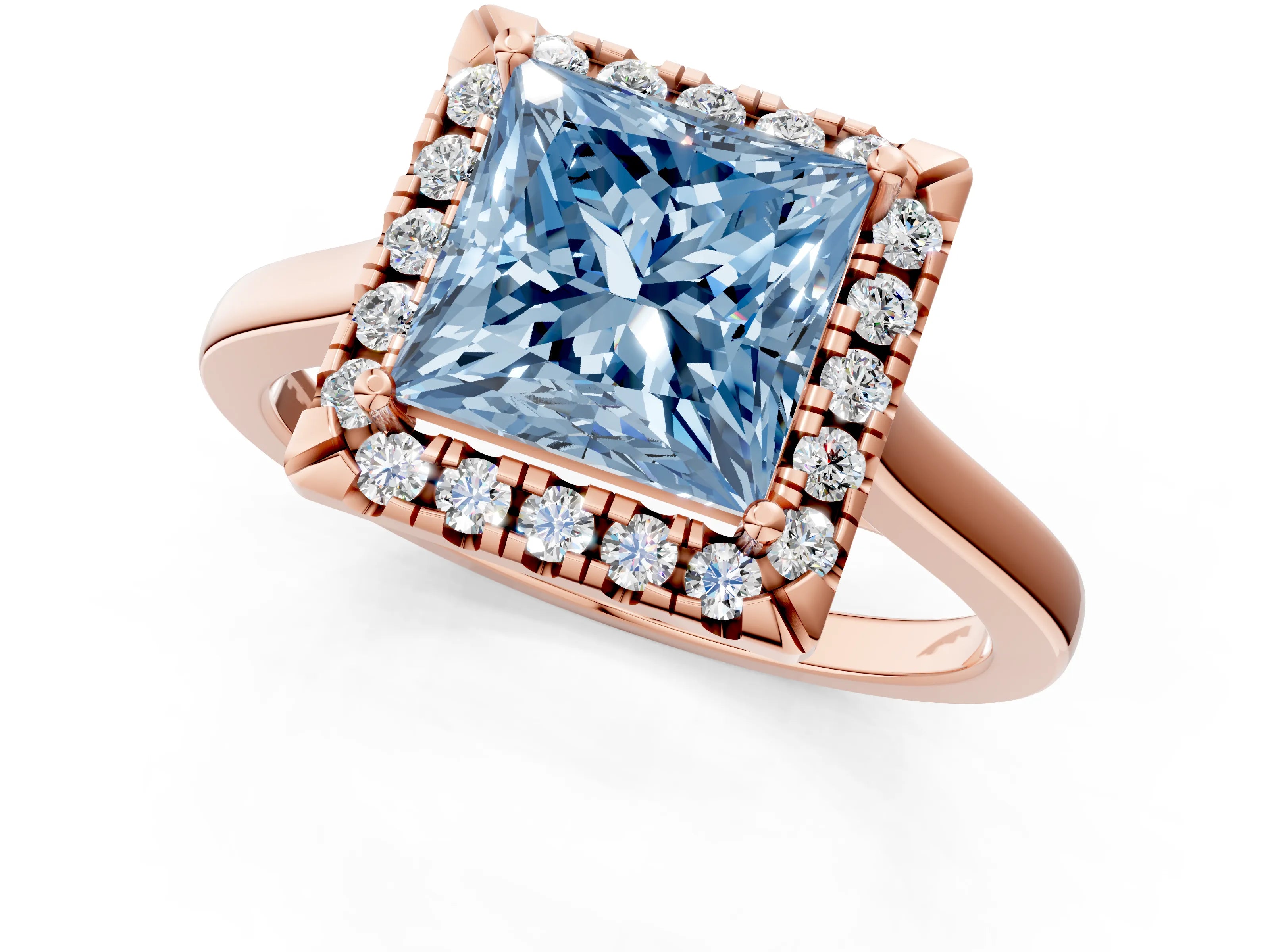 Rose gold Fancy Blue Princess Cut Halo Round Diamond Solitaire Ring with Pavé Band and Four-Prong Setting_13