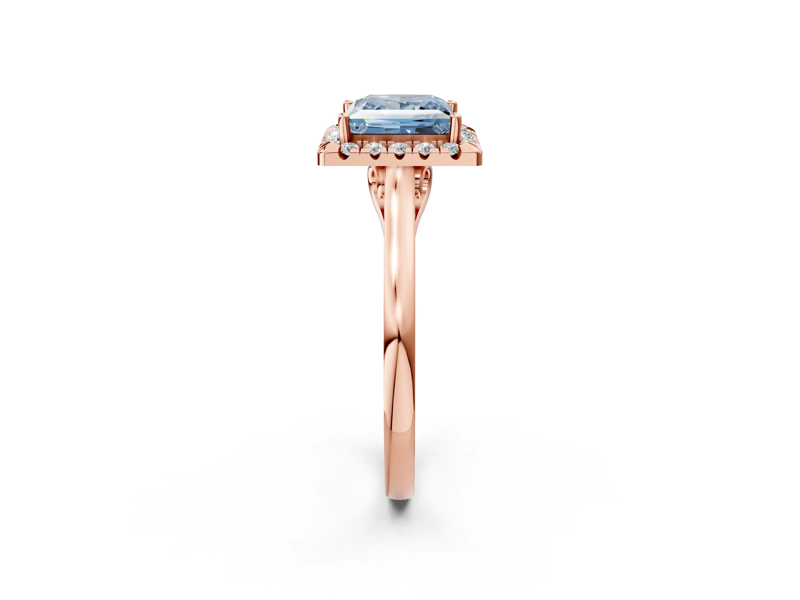 Rose gold Fancy Blue Princess Cut Halo Round Diamond Solitaire Ring with Pavé Band and Four-Prong Setting_14