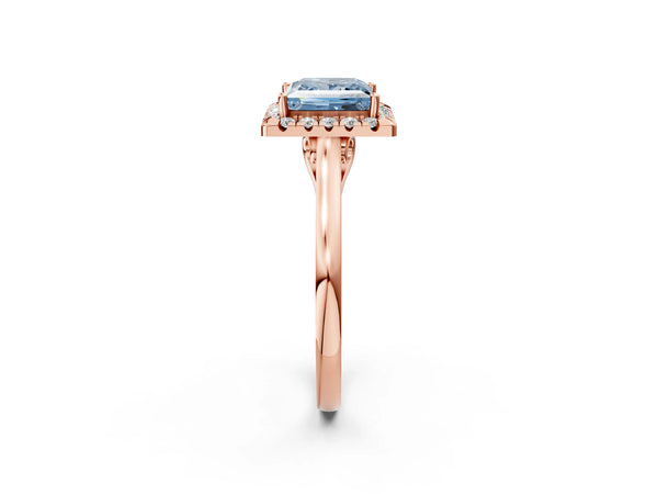 Rose gold Fancy Blue Princess Cut Halo Round Diamond Solitaire Ring with Pavé Band and Four-Prong Setting