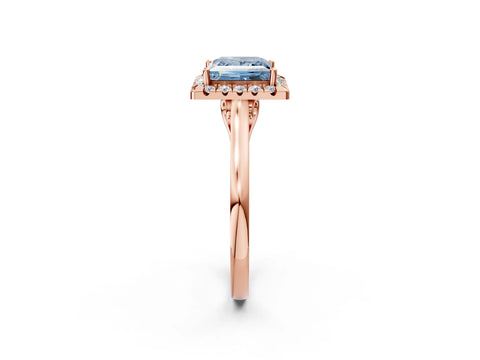 Rose gold Fancy Blue Princess Cut Halo Round Diamond Solitaire Ring with Pavé Band and Four-Prong Setting_14