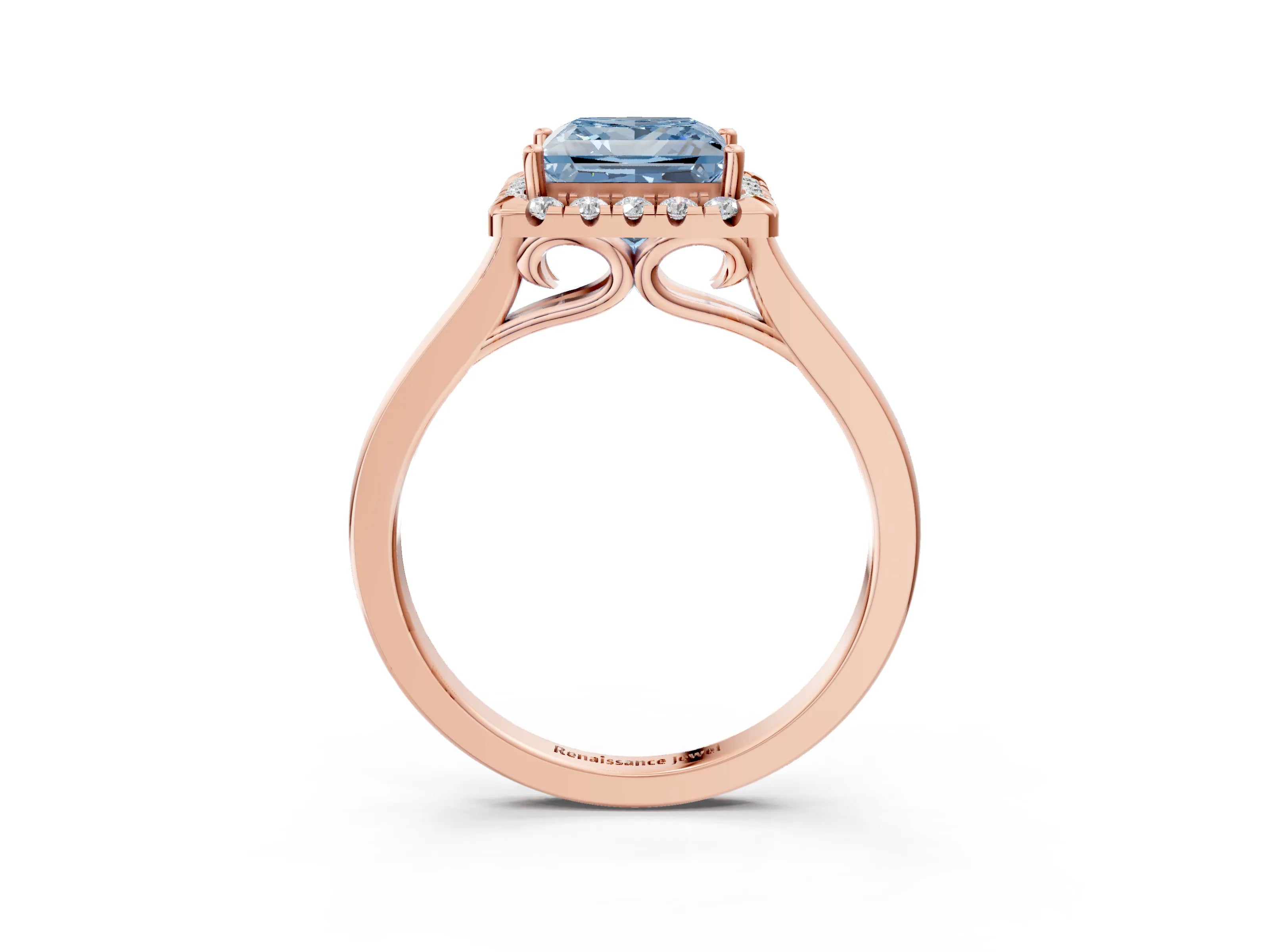 Rose gold Fancy Blue Princess Cut Halo Round Diamond Solitaire Ring with Pavé Band and Four-Prong Setting_15
