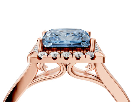 Rose gold Fancy Blue Princess Cut Halo Round Diamond Solitaire Ring with Pavé Band and Four-Prong Setting_16