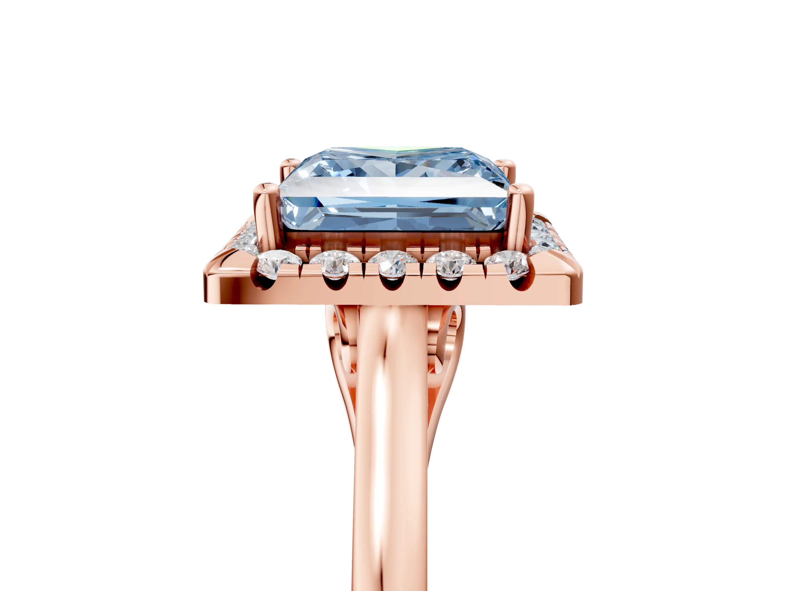 Rose gold Fancy Blue Princess Cut Halo Round Diamond Solitaire Ring with Pavé Band and Four-Prong Setting_17