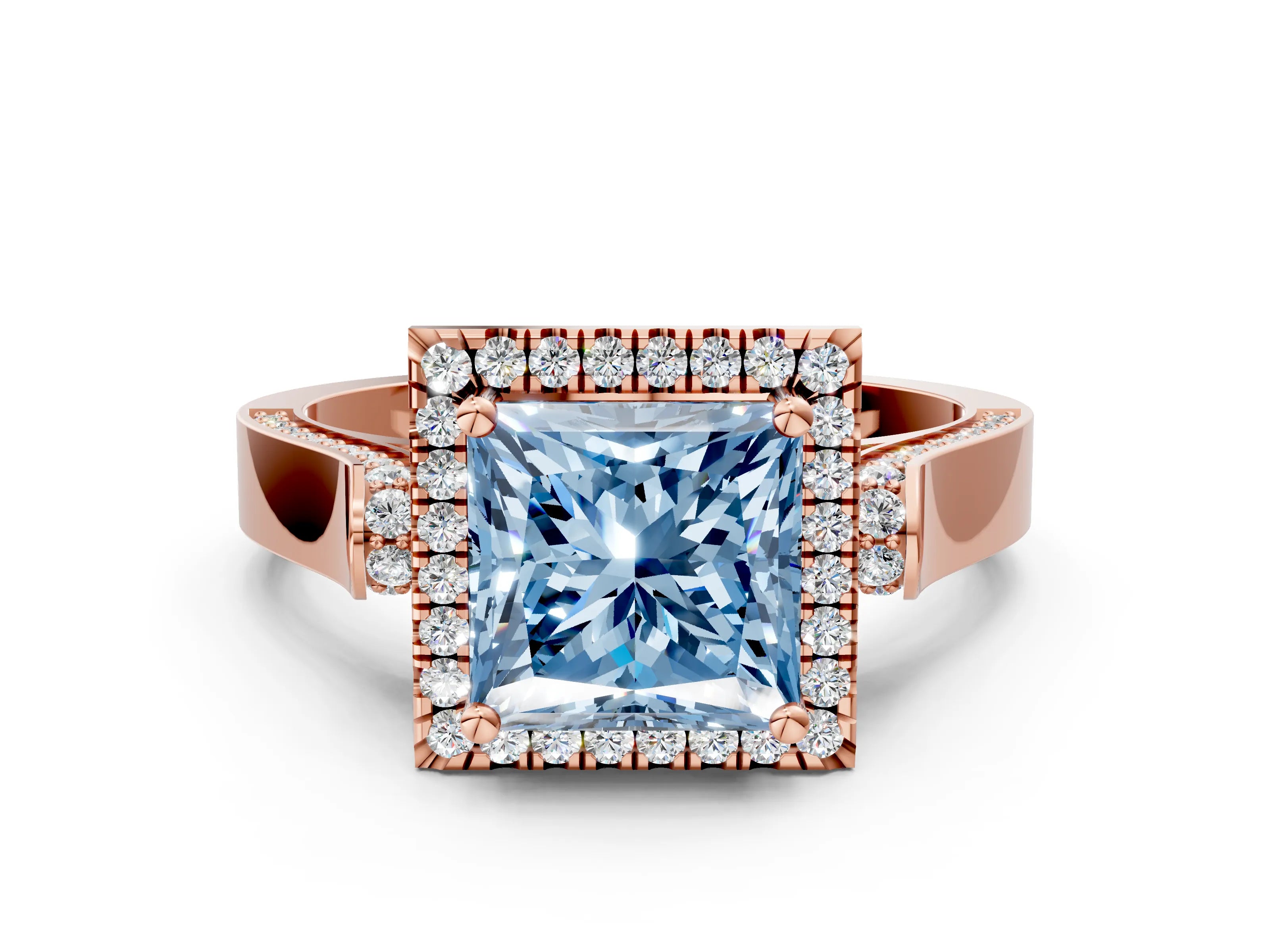 Rose gold Fancy Blue Princess Cut Halo Round Diamond Twist Band with Four-Prong Setting