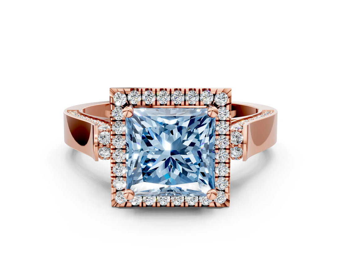 Rose gold Fancy Blue Princess Cut Halo Round Diamond Twist Band with Four-Prong Setting
