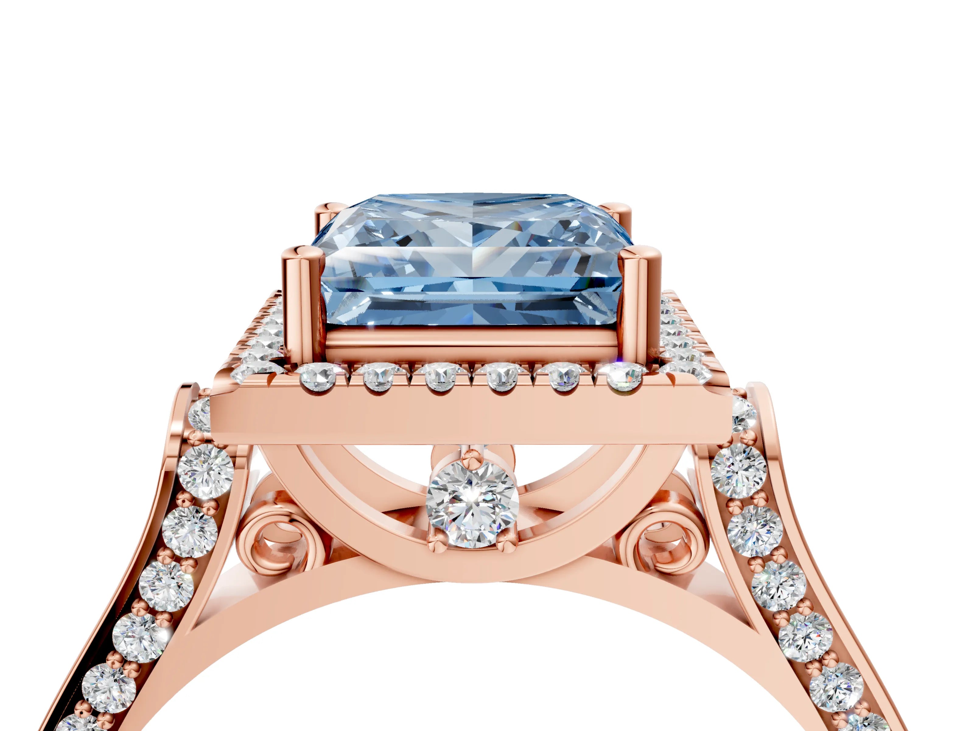 Rose gold Fancy Blue Princess Cut Halo Round Diamond Twist Band with Four-Prong Setting_4