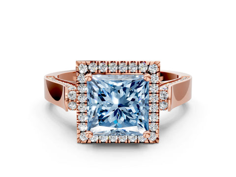 Rose gold Fancy Blue Princess Cut Halo Round Diamond Twist Band with Four-Prong Setting