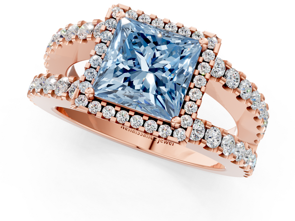 Rose gold Fancy Blue Princess  Cut Halo Split Shank Diamond Ring with Four-Prong Setting